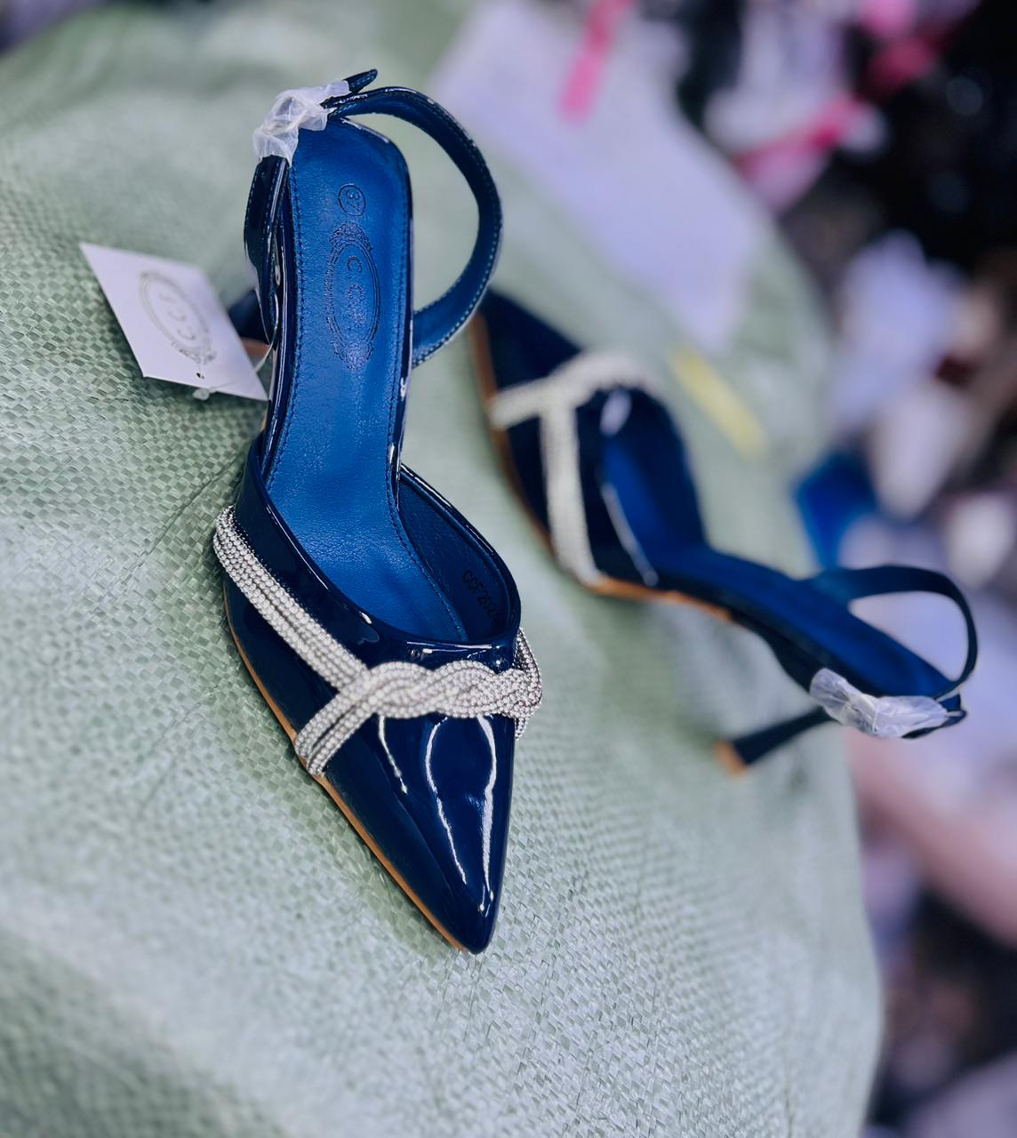 Elegant Blue CCF Pointed-Toe Heels with Rhinestone Detail