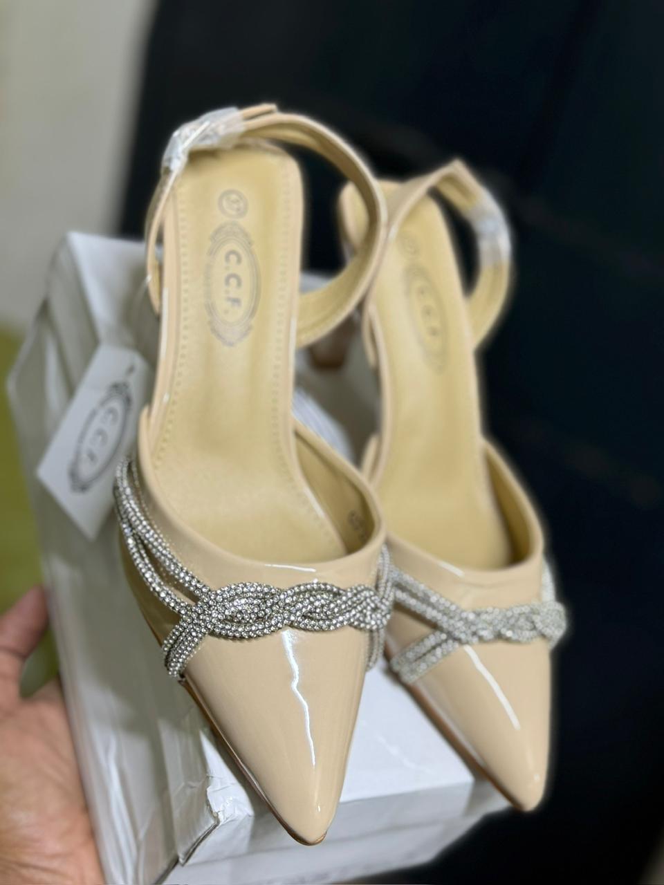 Elegant Cream CCF Pointed-Toe Heels with Rhinestone Detail