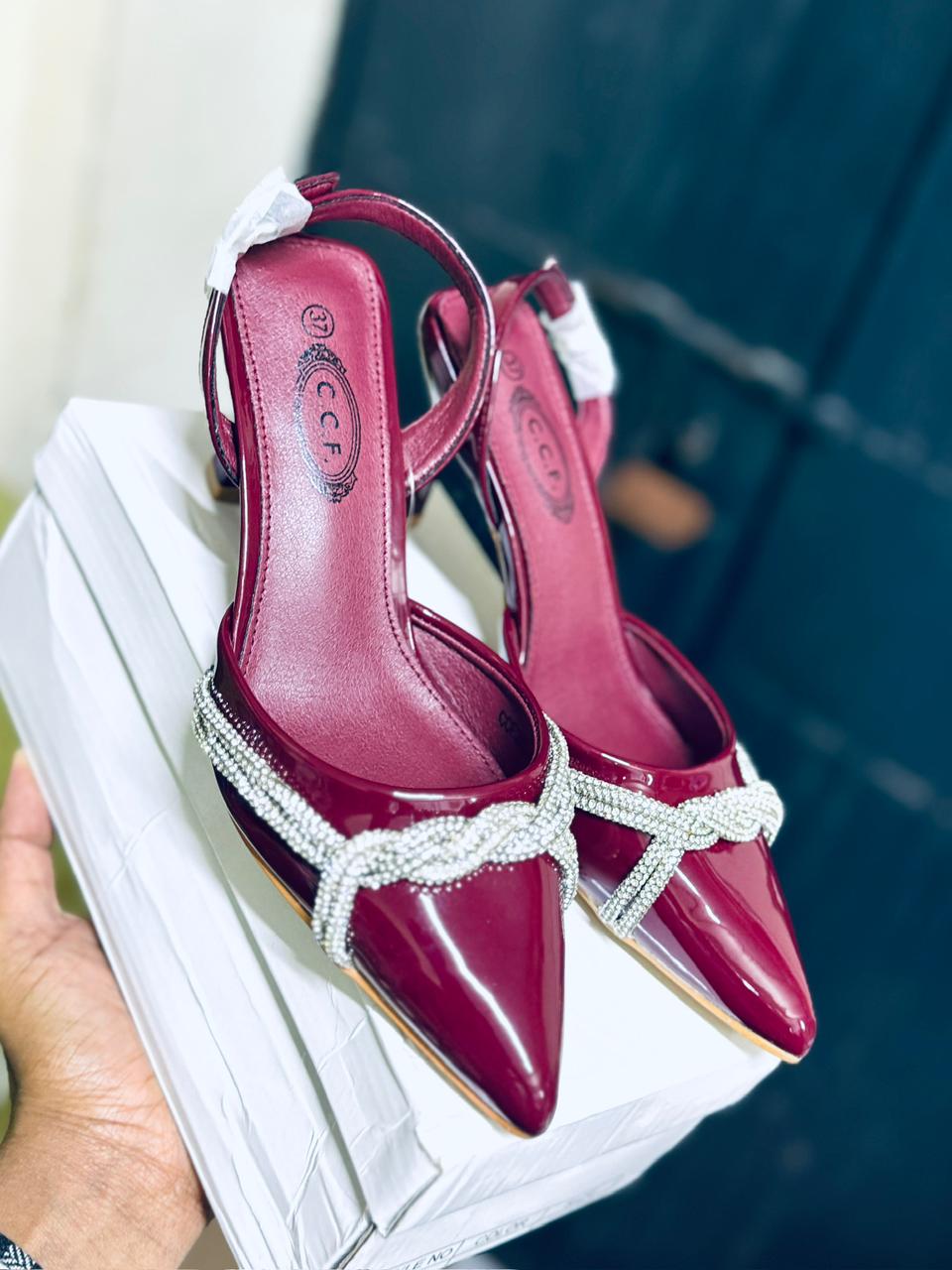 Elegant Maroon CCF Pointed-Toe Heels with Rhinestone Detail
